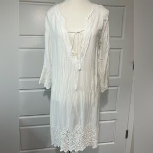 Vamiani MD Women's White Crochet Lace Swim Cover-Up Plunge‎ V-Neck Tunic